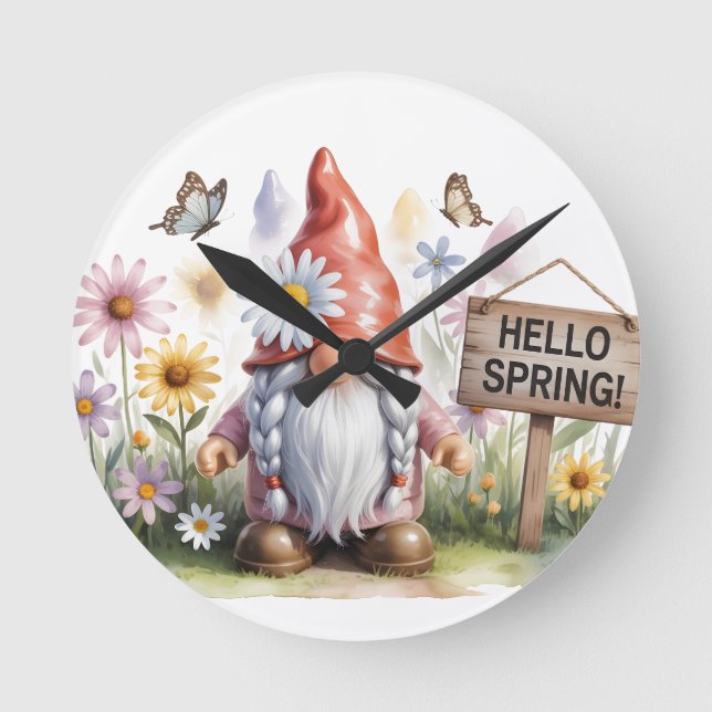 Hello Spring Garden Gnome: Cute Gnome with Braids Round Clock (Front)