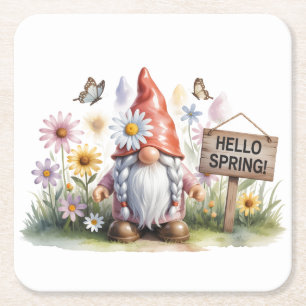Hello Spring Garden Gnome: Cute Gnome with Braids Square Paper Coaster