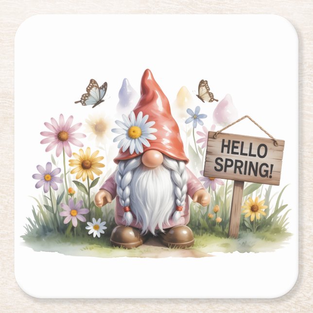 Hello Spring Garden Gnome: Cute Gnome with Braids Square Paper Coaster (Front)