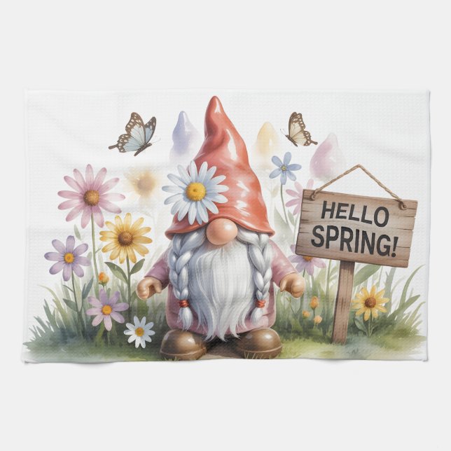Hello Spring Garden Gnome: Cute Gnome with Braids Tea Towel (Horizontal)