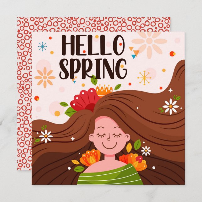 Hello Spring Girl Flowers Greeting  Card (Front/Back)