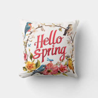 Hello Spring Graphic with Floral and Bird Motifs Cushion