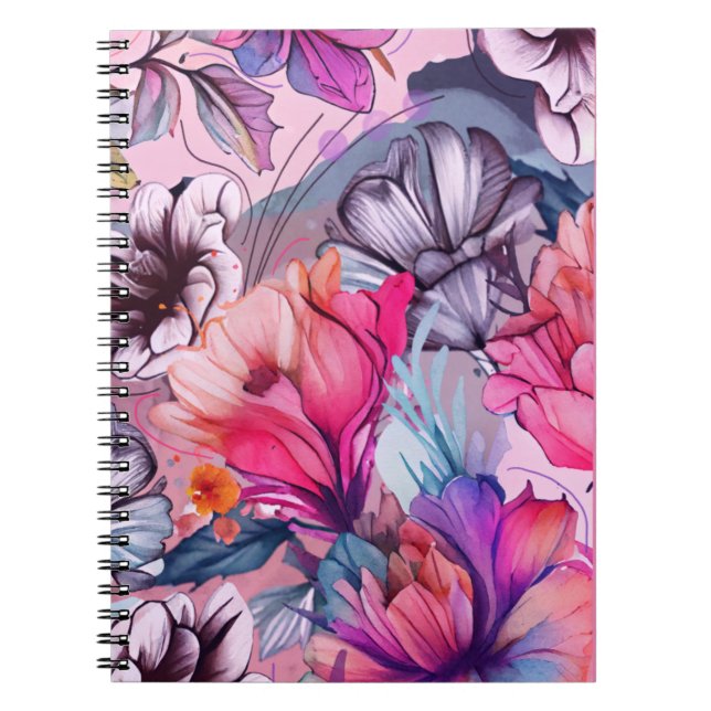 Hello Spring Happiness Time, Flowers Watercolor Notebook (Front)