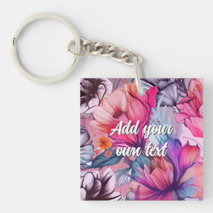 Hello Spring Happiness Time, Pink Butterfly Flower Key Ring