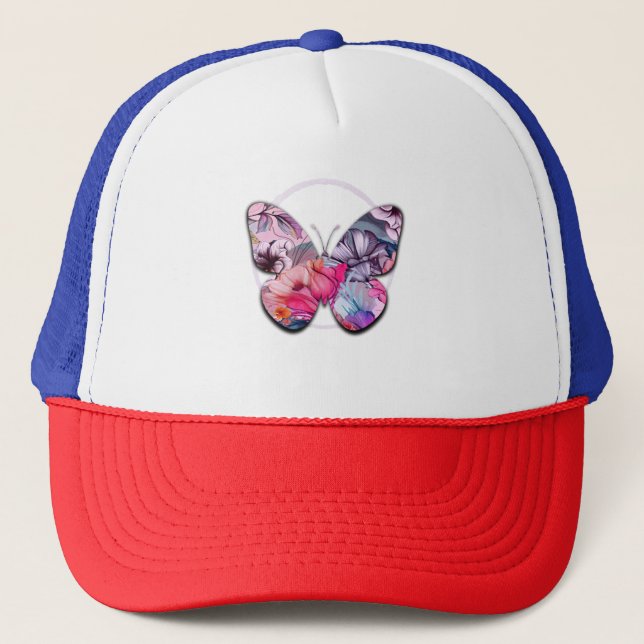 Hello Spring Happiness Time, Pink Floral Trucker Hat (Front)