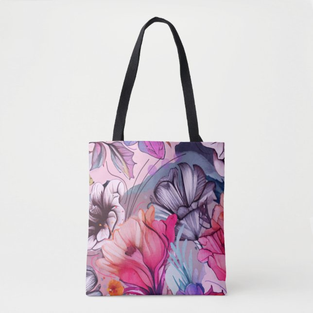 Hello Spring Happiness Time, Pink Watercolor Tote Bag (Front)
