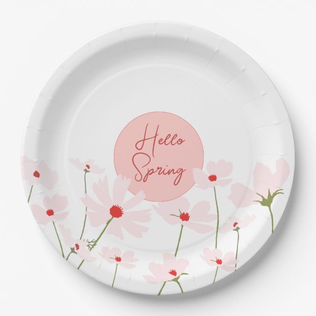 Hello Spring light pink red cosmos flowers white Paper Plate (Front)