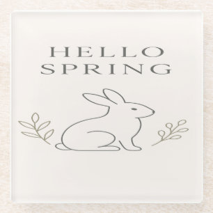 Hello Spring Minimal Bunny Line Art Glass Coaster