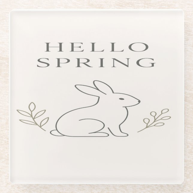 Hello Spring Minimal Bunny Line Art Glass Coaster (Front)