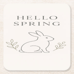 Hello Spring Minimal Bunny Line Art Square Paper Coaster