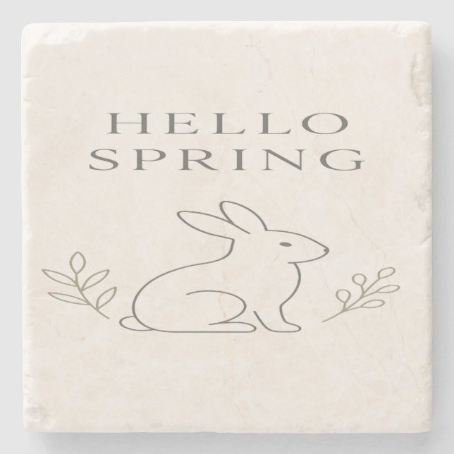 Hello Spring Minimal Bunny Line Art Stone Coaster (Front)