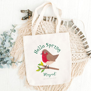 Hello Spring Personalised Retro Robin Cute Bird Tote Bag