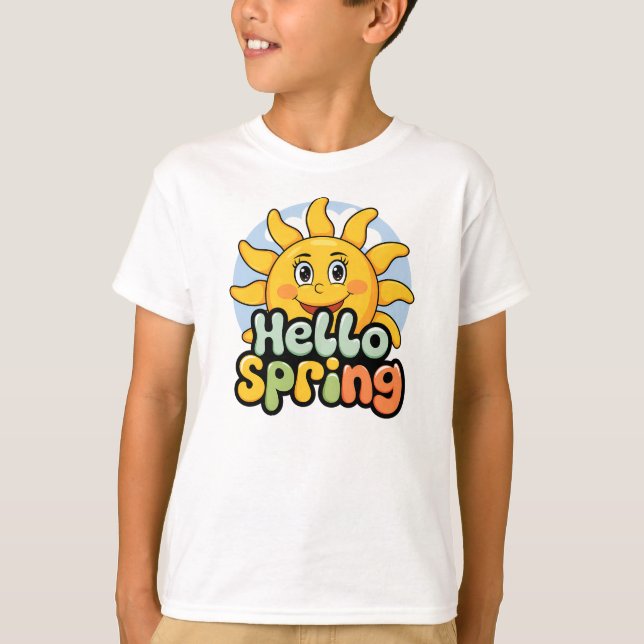 Hello Spring: Smiling Sun and Blue Sky T-Shirt (Front)
