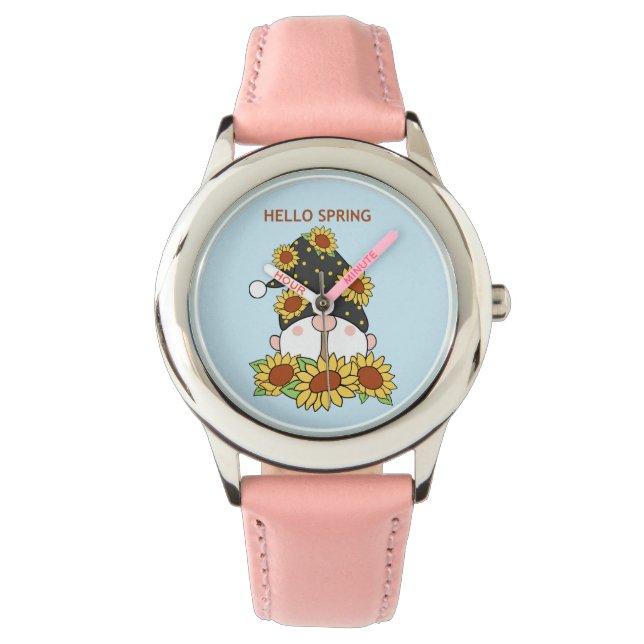 Hello Spring Sunflower Gnome Character Cartoon Watch (Front)