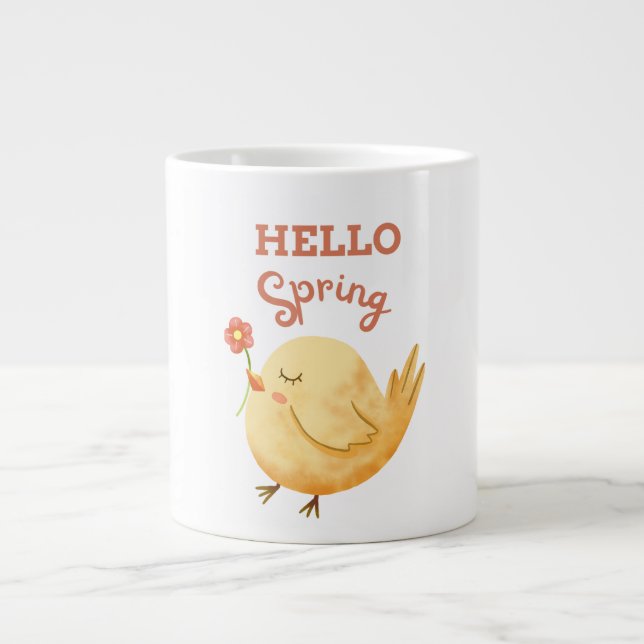 HELLO Spring Yellow Baby Bird Holding Flower  Large Coffee Mug (Front)