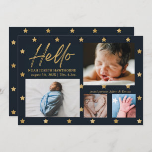 "Hello" star navy chic 4 Photo Baby Announcement
