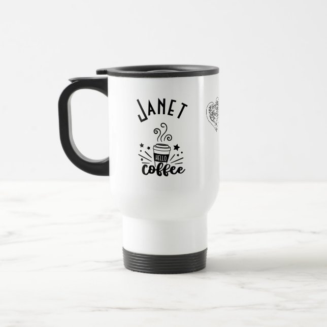 Hello Steaming Coffee Personalised With Hearts Travel Mug (Left)