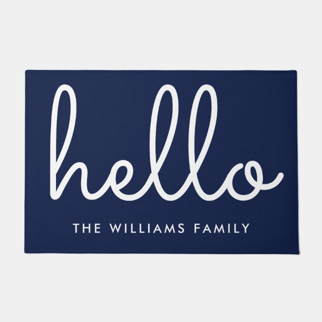 Hello Stylish Script Navy Blue Custom Family Name Doormat (Front)