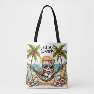 Hello Summer Beach Cat Tote Bag