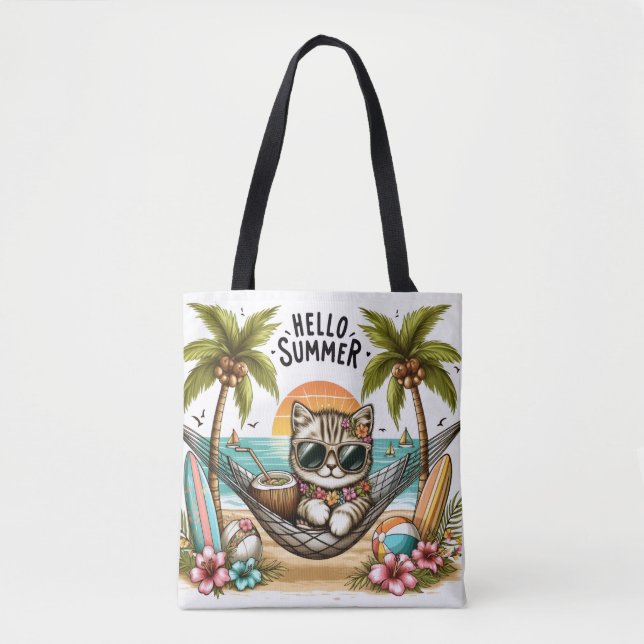 Hello Summer Beach Cat Tote Bag (Front)