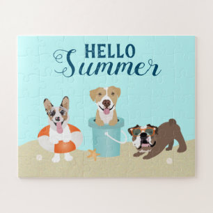 Hello Summer Beach Dogs Blue Jigsaw Puzzle