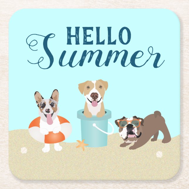 Hello Summer Beach Dogs Blue Orange Square Paper Coaster (Front)
