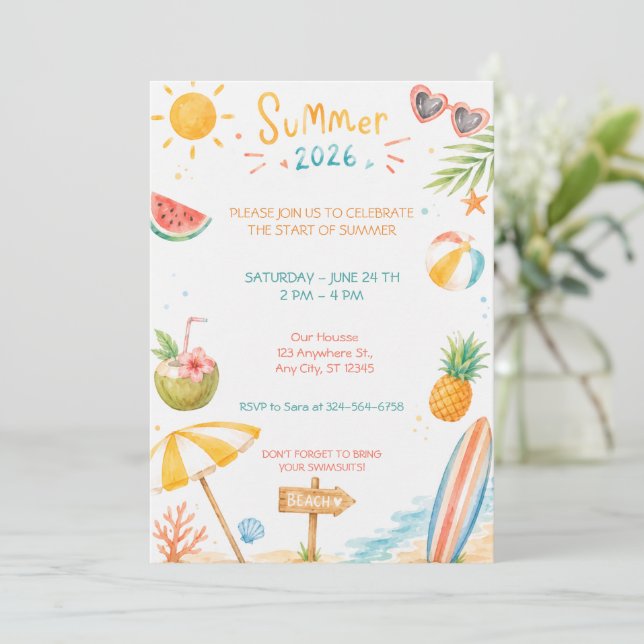 Hello Summer Beach Party Watercolor Celebration Invitation (Standing Front)