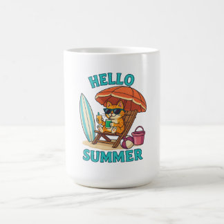 Hello Summer Cat T-Shirt – Cute Cartoon Beach Gift Coffee Mug