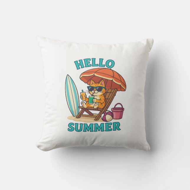 Hello Summer Cat T-Shirt – Cute Cartoon Beach Gift Cushion (Front)