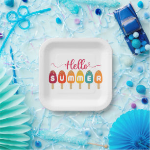 Hello Summer Colorful Popsicle Paper Plate