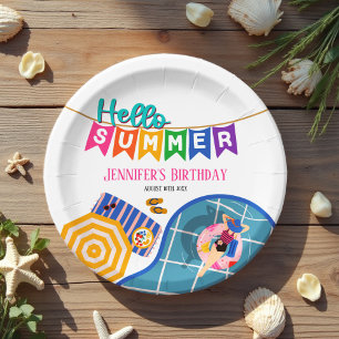 Hello Summer Colourful Banner Pool Party Birthday Paper Plate