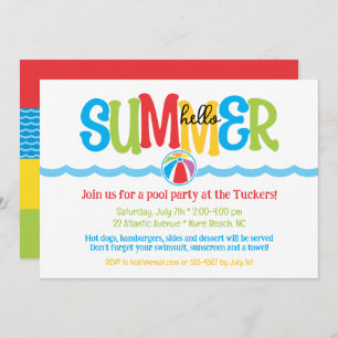 Hello Summer Colourful Beach Ball Waves Pool Party Invitation