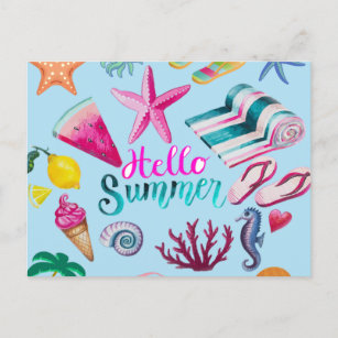 Hello Summer Colourful Beach Ocean Themed  Postcard