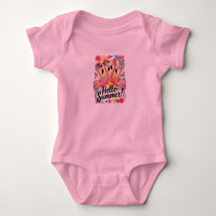 Hello Summer Cute Flamingo Beach Vacation Tropical Baby Bodysuit