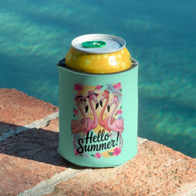Hello Summer Cute Flamingo Beach Vacation Tropical Can Cooler (In Situ Pool)