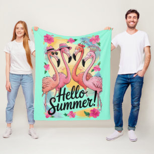 Hello Summer Cute Flamingo Beach Vacation Tropical Fleece Blanket
