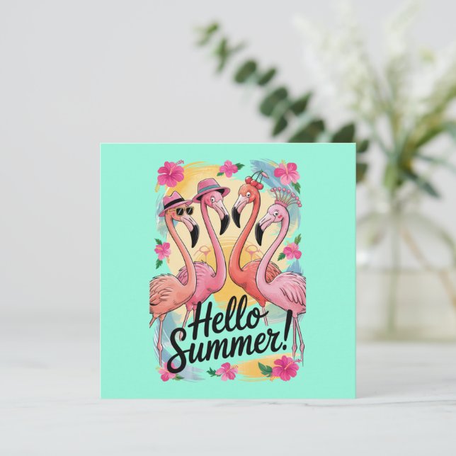 Hello Summer Cute Flamingo Beach Vacation Tropical Invitation (Standing Front)