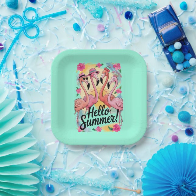 Hello Summer Cute Flamingo Beach Vacation Tropical Paper Plate (Party)