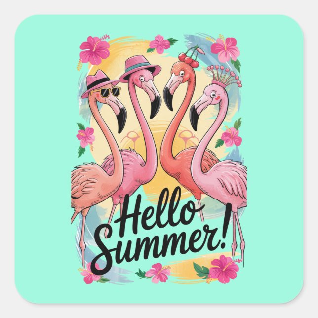 Hello Summer Cute Flamingo Beach Vacation Tropical Square Sticker (Front)