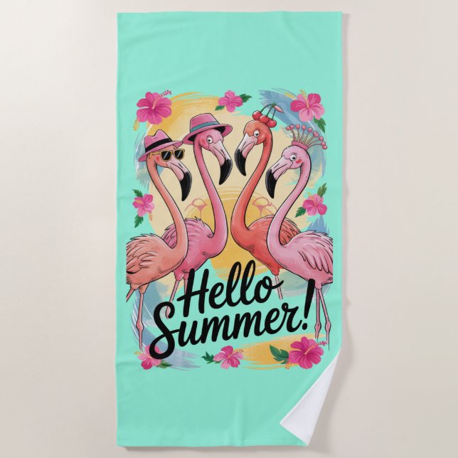 Hello Summer Cute Flamingo Beach Vacation Tropical Towel (Front)
