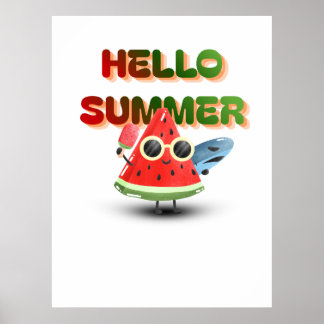 Hello Summer Cute Watermelon Beach Art Poster