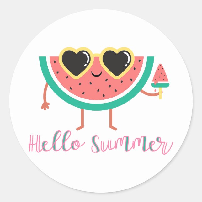 Hello Summer Cute Watermelon in Shades Party Favou Classic Round Sticker (Front)