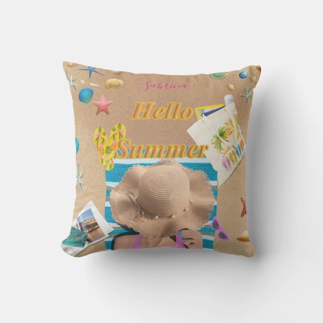 Hello Summer Fun Beach Sea Seashells Personalised Cushion (Front)