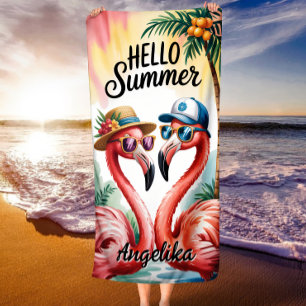 Hello Summer Funny Flamingos Tropical Vacation Beach Towel
