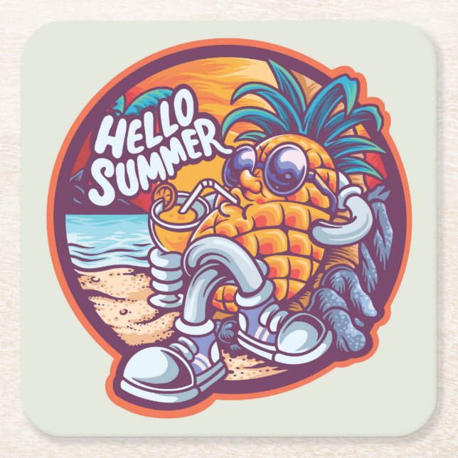 Hello Summer Happy Pineapple Drawing Square Paper Coaster (Front)