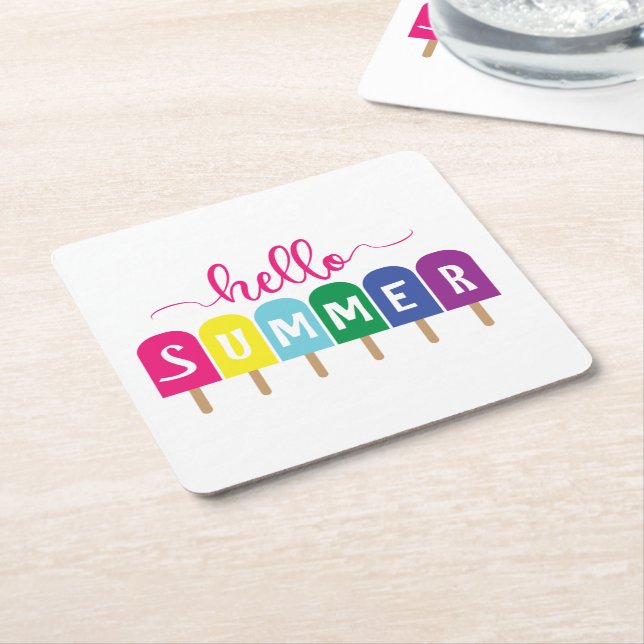 Hello Summer ice pop Square Paper Coaster (Angled)