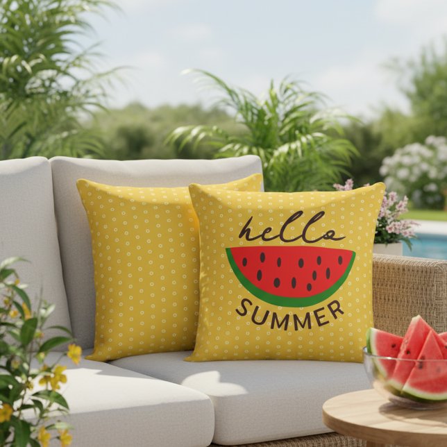 Hello Summer Large Yellow Outdoor Pillow (Hello Summer! Sun yellow outdoor pillow to brighten your home! 🍉☀️)