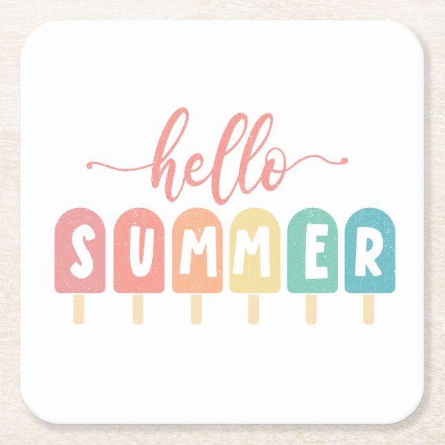 Hello Summer Pastel Popsicles Square Paper Coaster (Front)