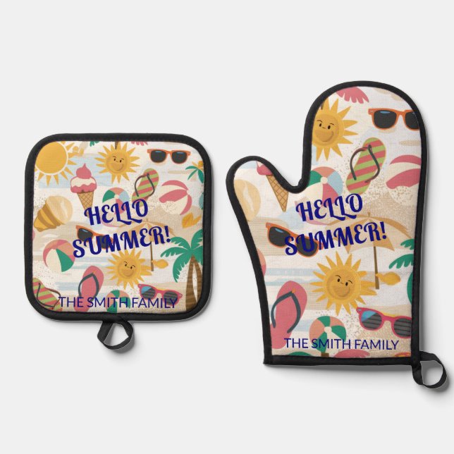 Hello Summer Personalised Gift Oven Mitt & Pot Holder Set (Front)