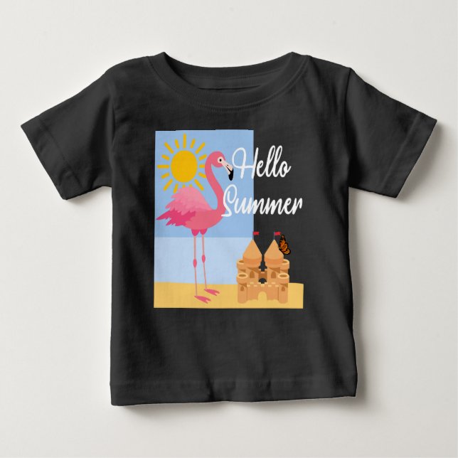 Hello Summer Pink Flamingo Design - Baby Fine Jers Baby T-Shirt (Front)